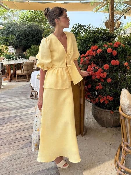 Bornladies Summer Womens 100 Cotton V-Neck Lace-Up Bubble Sleeve Shirt Long Skirt Set Loose Casual Two-Piece Suit 260522