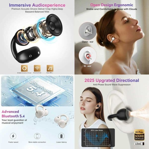 Ohayo A7 Ear Clip Earbuds Wireless Bluetooth 54 Earphones TWS Waterproof Clip-On Open Ear Headphones with 4-Mics 40H Playtime X260529