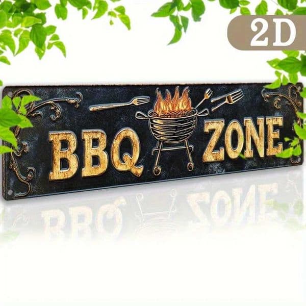 2D Flat 16x4 Retro BBQ Area Tin Sign - Golden Letters Barbecue Art Garage Backyard Outdoor Decor C260529