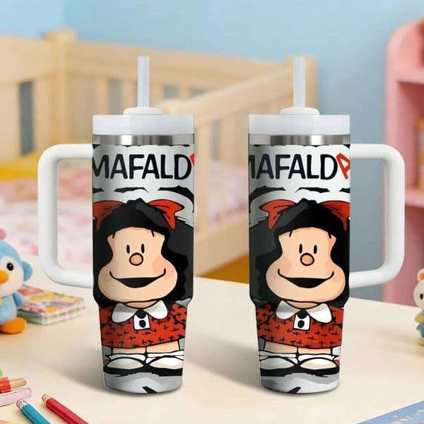 Cartoon M-Mafalda Vacuum Flasks 40oz Stainless Steel Insulated Tumbler with Handle & Straw Leakproof Travel Mug W260529
