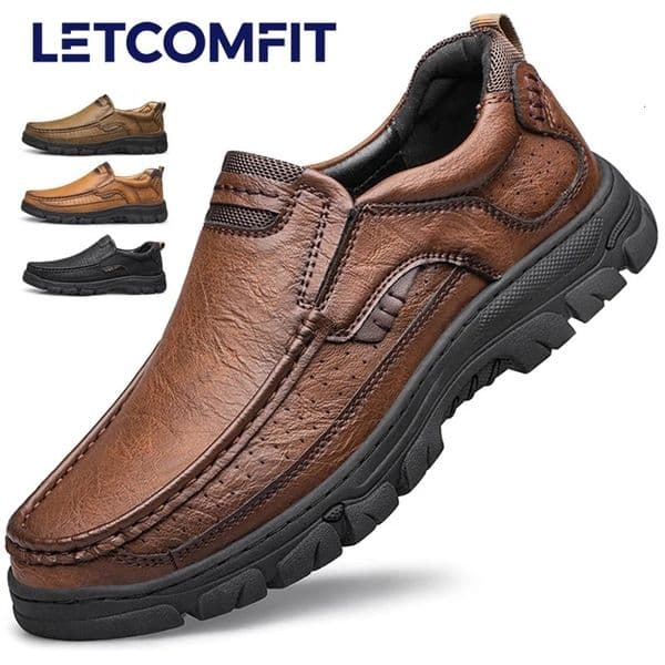 LETCOMFIT Mens Slip-On Casual Leather Shoes Wear-Resistant Anti-Skid Round Toe Loafers Thick Bottom Dress Footwear All Season 260522