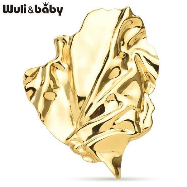 Wulibaby Stainless Steel Geometric Leaf Big Size Brooch Pins Metal Badge For Suit Elegant Jewelry Accessory L260529