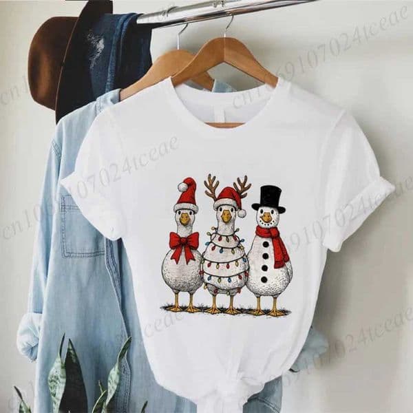 Vintage Christmas Goose Print Womens T-Shirts Clothing Crew Neck T-Shirt Short Slve Casual Top Santa Goose Womens Clothing D260528