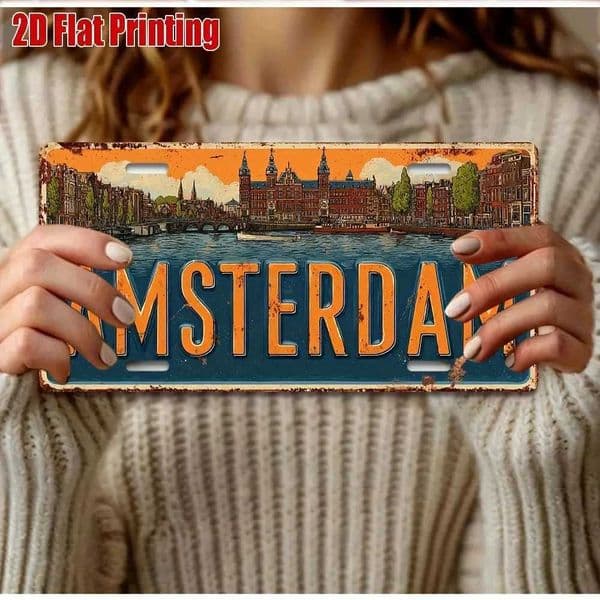 2D Flat 1pc Vintage Amsterdam Metal License Plate Aluminum Wall Decor with Dutch Cityscape Suitable for Home Vehicle Garden C260529