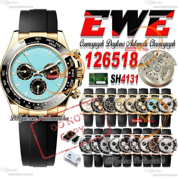 126518 SH4131 Automatic Chronograph Mens Watch EWEF 40mm Yellow Gold Black Ceramic Bezel Turquoise Dial Rubber Strap With NFC Card CHS Puretimewatches Max Version