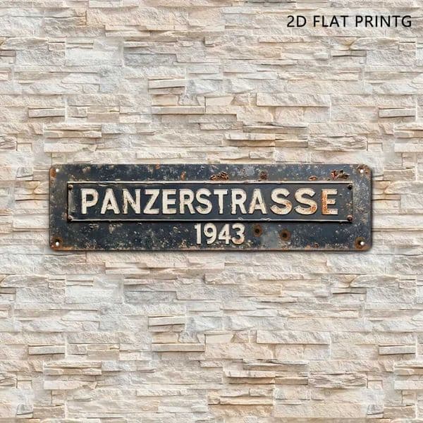 1pc 2D Flat 157x39 Panzer Strasse 1943 Metal Sign - Vintage Aluminum WWII Tank Route Decor Ideal for Indoor/Outdoor Use C260529