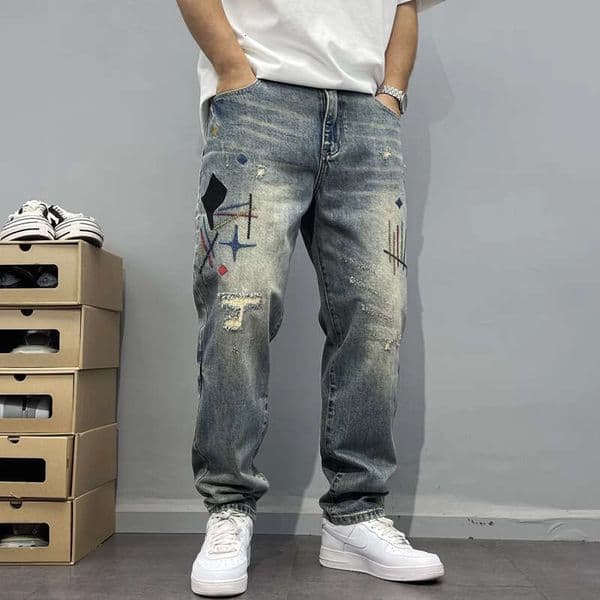 Heavy Washed Distressed Men's Trendy Patchwork High-End Embroidery Print Loose Tapered Straight Jeans