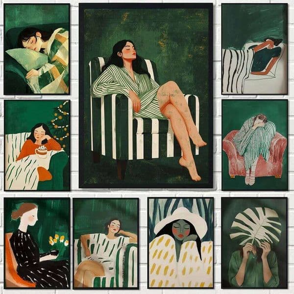 Emerald Green Abstract Female Minimalist Art Posters Nordic Style Stripes Casual Girl Canvas Painting Modern Warmth Home Deco 26L0529