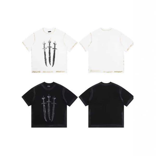 CLUB Star THUG And Moon Three Knives Pattern Graffiti Paint Wash Print Pure Cotton Round Neck Short Sleeve T-Shirt
