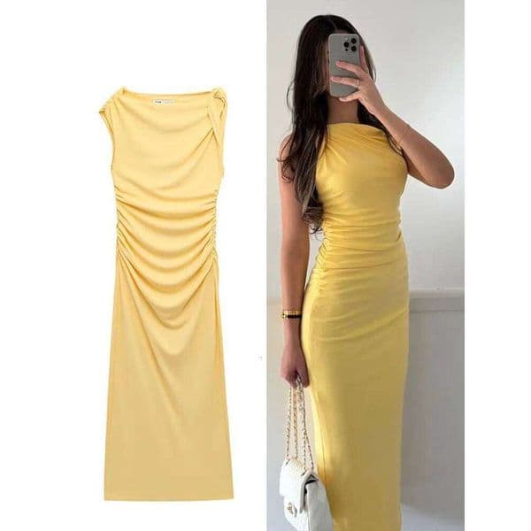 HH Women Elegant Yellow Draped Midi Dresses Summer Off Shoulder Sleeveless 2025 Holiday Party Evening Dress Vestidos