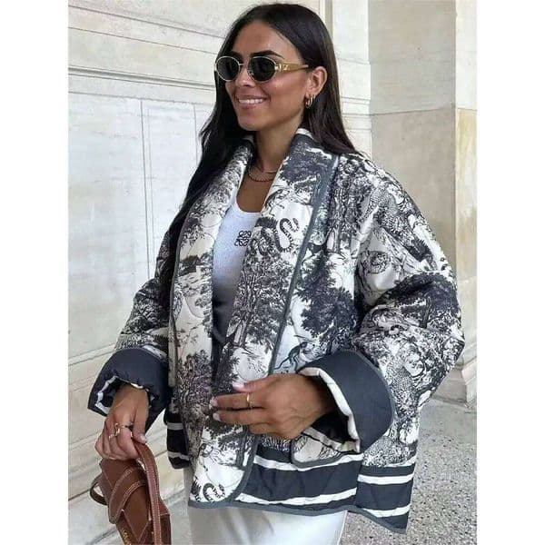 HH Print Short Jacket Women Long Sleeve Warm Pocket Cardigan Coat Autumn Winter New Fashion Y2K Female Street Outwears