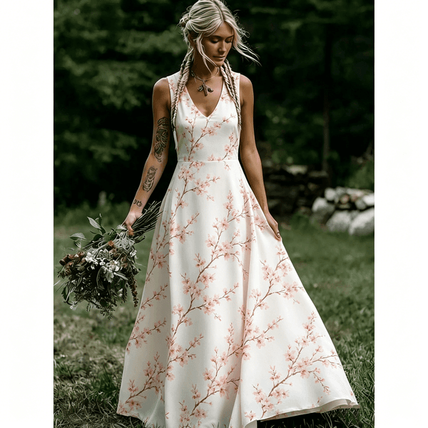 Women's Ivory Cherry Blossom Print Maxi Dress Sleeveless V Neck A Line Flowy Boho Wedding Guest Vacation Dress
