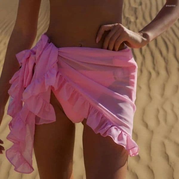 Fashion Mesh Ruffle Beach Cover Ups Thin Transparent Short Skirt Swimwear Sheer Wrap Summer Women