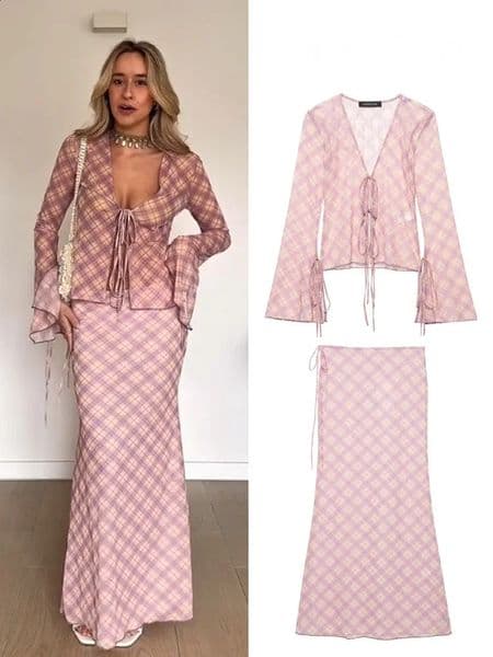 HH Women Skirt Suit Elegant Plaid Lace VNeck Decorate Long Sleeves Shirt TopFashion Pull Rope Slim Casual Mujer 260529