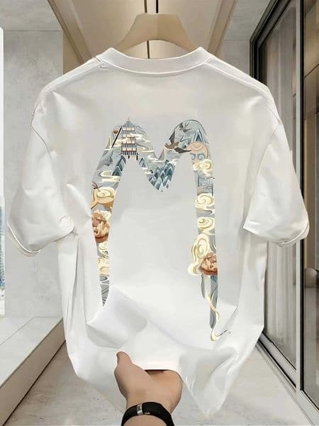 Oriental Landscape Letter Graphic Print 100 Cotton Mens T Shirt for Summer Strtwear Great Fans of Traditional Style Designs D260529