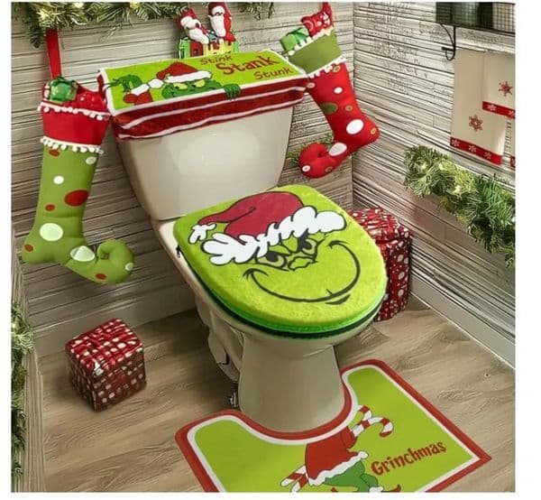 2026 New Christmas Decorations Xmas Grinch Green Monster perfume Toilet Seat cologne Cover Cologne And Rug For Perfume Indoor Home Bathroom Sets Of 4 Pcs (Red G 03
