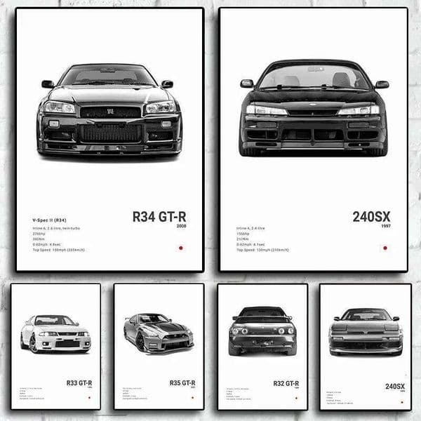 Pop Black and White Japan Cars Luxury Super Sport Car Poster Aesthetic R34 Gtr 240sx Canvas Print for Wall Art Garage Room Decor 26L0529
