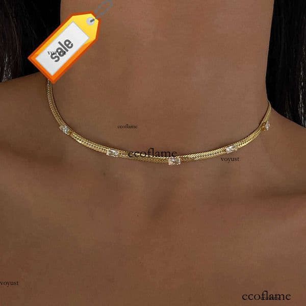 4 Colors Flat Snake Bone Chain Square Cubic VVS Moissanite Necklace 18K Gold Plated Choker Necklaces Colorful Vintage Handmade Jewelry