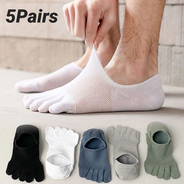 5 Pairs Mens Solid Color Five Finger Silicone AntiSlip Socks Cotton Breathable Sports Toe Invisible Summer Thin Mesh Shallow 260528