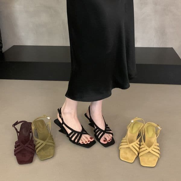 Bestseller French-style square-toed woven strap wedge heel Roman sandals for women, 2026 new model, suede open-toe high heels to match skirts