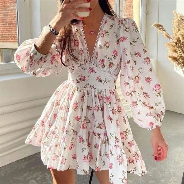 Women Floral Print Mini Dress High Waist A-Line Summer Autumn Long Sleeve V Neck Dresses Vintage Beach Vacation Casual Vestidos 260515