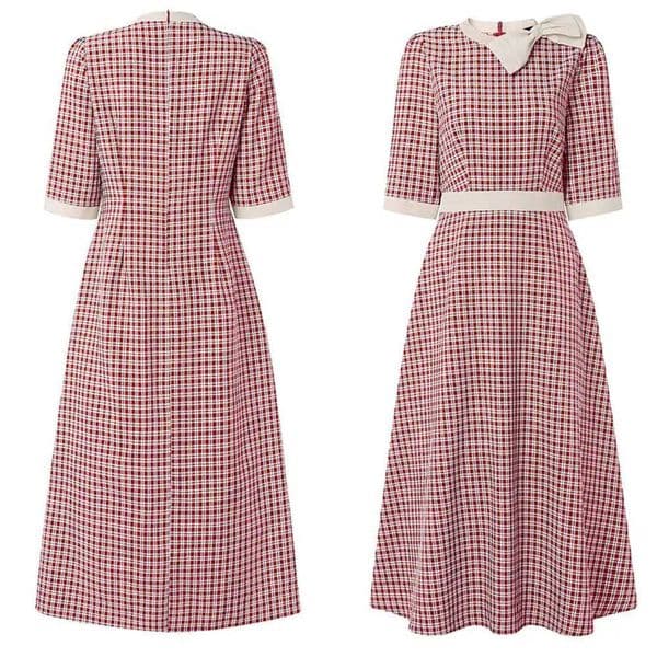 ZANZEA Women Sophisticated Gingham Midi Dress Elegant Bow Detail O-Neck Half Sleeve Contrast-Color Dresses A-Line Robes Femme L260528