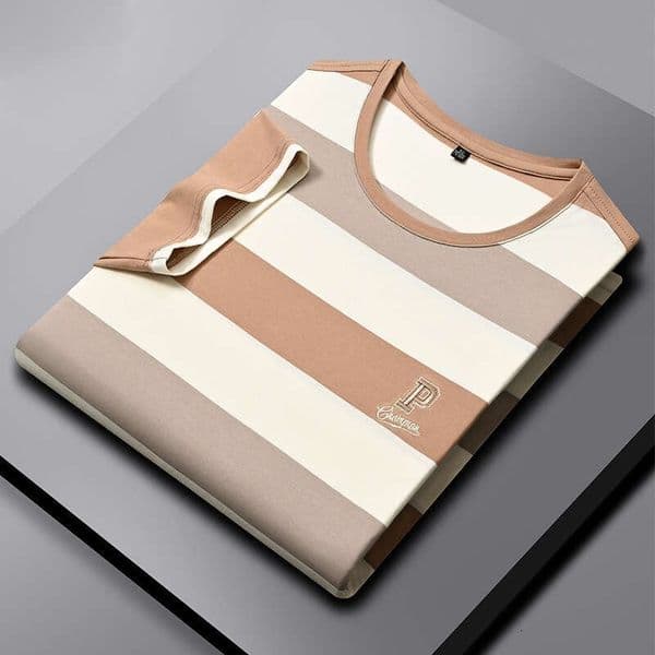 Summer New Embroidered Straight-Cut Round-Neck Striped Lightweight Short-Sleeve Casual Everyday T-Shirt For Middle-Aged Men In Stock