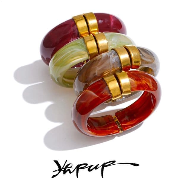 Yhpup 66mm Green Pink Brown Purple Acrylic Thick Bracelet Bangle for Women Stainless Steel Arrivals Wrist Jewelry Gift 260528