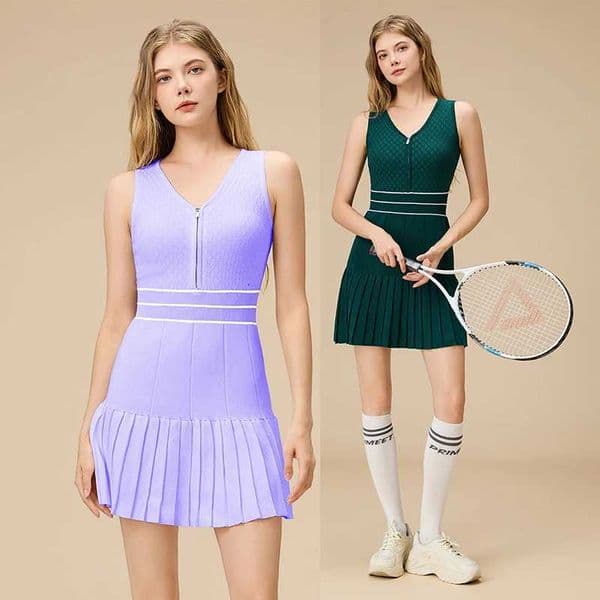 New Women Tennis Dress Zipper Collar V-Neck Slim Dress Lady Sleeveless Pleated Skirt with Inner Short Fitness Pickball M260529