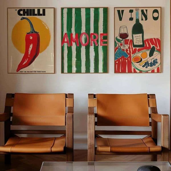 Amore Green Striped Canvas Printing Vino Wine Glass & Pepper Wall Art Poster Modern Living Room Bedroom Kitchen Home Decor Gifts 26L0529