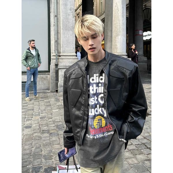 Unique design high-end biker jacket for men trendy loose-fitting casual versatile leather coat L260528