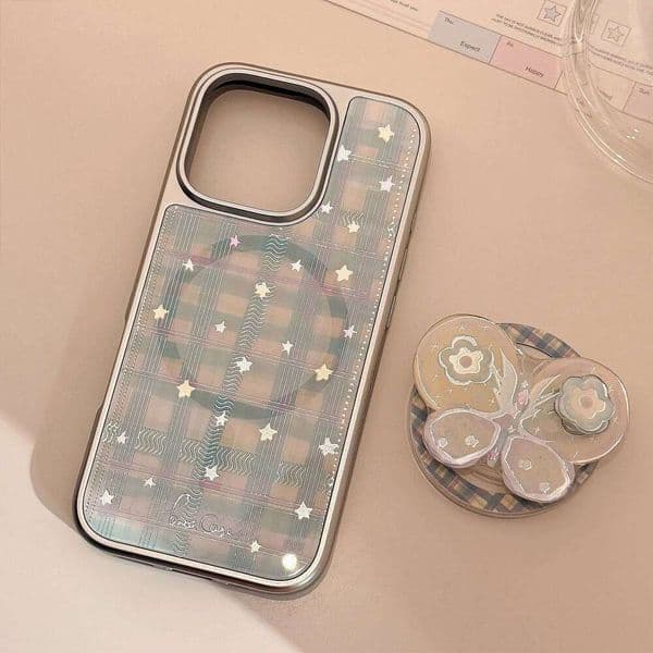 Korean Plaid Stars Rotate Butterfly Magnetic Bracket Phone Case For iPhone 17 16 15 14 13 12 Pro Max Shockproof Protective Cover J260530