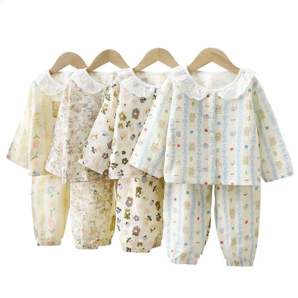 Girls Summer Cotton Gauze Thin Pajamas Home Wear Cartoon Floral Print Long Sleeve Lace Trimmed Sleepwear Baby Clothing Set 260529
