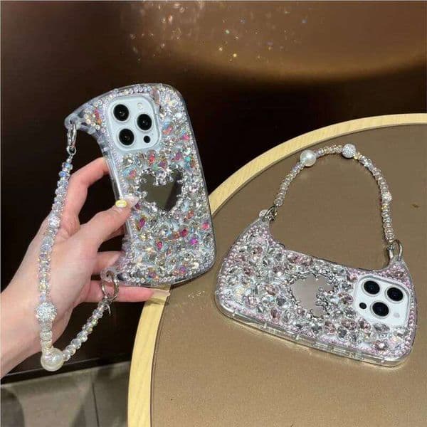 Luxury Bling Rhinestone Hand Bag with Mirror iphone 17 pro max case 11 12 13 14 15 Max Plus Phone Cases For 16 Pro J260530