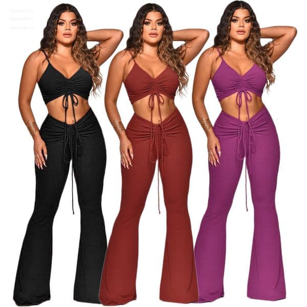 Women's Tracksuits Sets Outfits Neck-mounted Halter Top Low Waist Long Pants Set Conjuntos Feminino Elegante Ensemble Femme