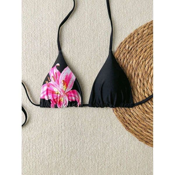 Women's Elegant High-Stretch Floral Bikini Top | Black with Pink & White Tropical Print, Adjustable Tie Straps 26L0530