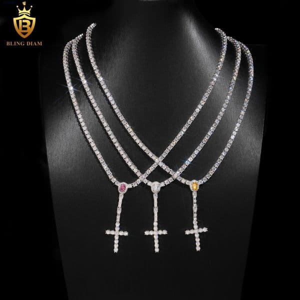 Tennis Chain Necklace Cross Pendant Necklace 925 Sterling Silver Chain Wedding Set VVS Moissanite Fine Jewelry Necklaces Women