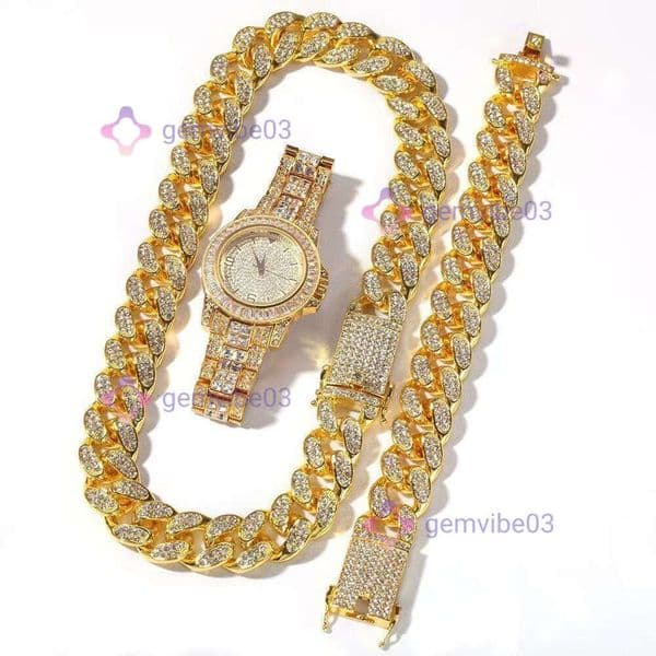 wholesale men's hip-hop set: fashionable steel band watch, bracelet, necklace, moissanite chain rhinestone fashion full-diamond set in stock jewellery