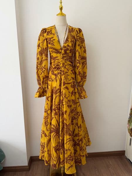 Australian dress 2026 new light luxury high-end travel vacation ramie banana leaf pattern printed yellow dress thumbnail 2