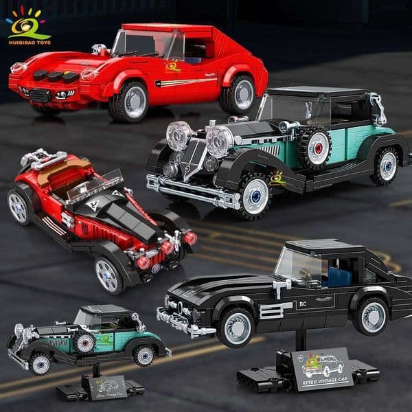 HUIQIBAO MOC Retro Sports Car With display rack Building Blocks set Classic City Racing truck Model Bricks Kit Ornament W260530