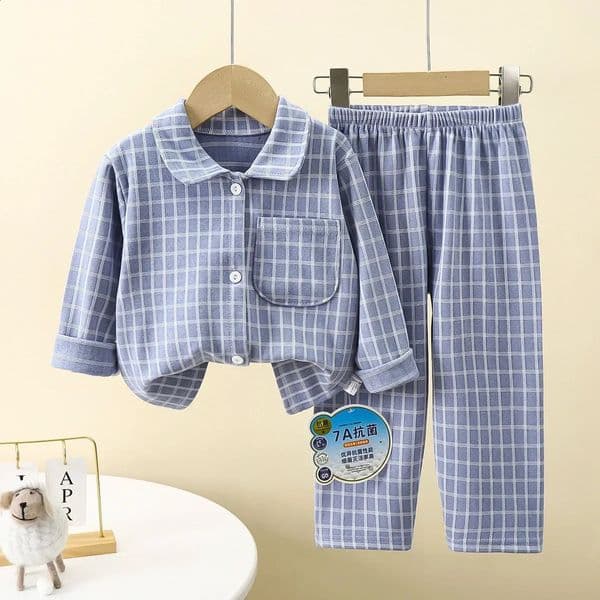 Boys Girls Autumn Pajamas Homewear Kids Casual Plaid Long Sleeve Lapel Shirt with Pants Pyjamas Youth Sleepwear Clothing Sets 260529