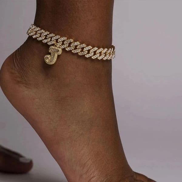 14MM Iced Out Cuban Chain 26 Initial Letter Anklets for Women Bling Paved Rhinestone Hip Hop Ankle Bracelet Barefoot Jewelry 260528