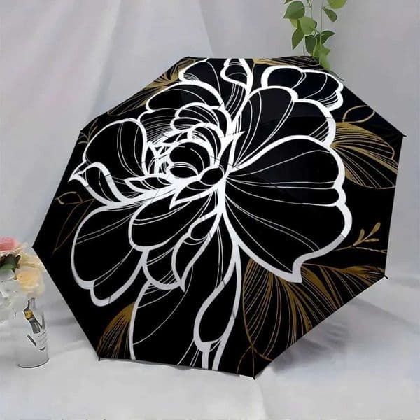 1pc Automatic Open/Close Umbrella with Large Black White Floral Design Golden Leaf Accents - 8-Rib Compact Folding UmbrellJ260530
