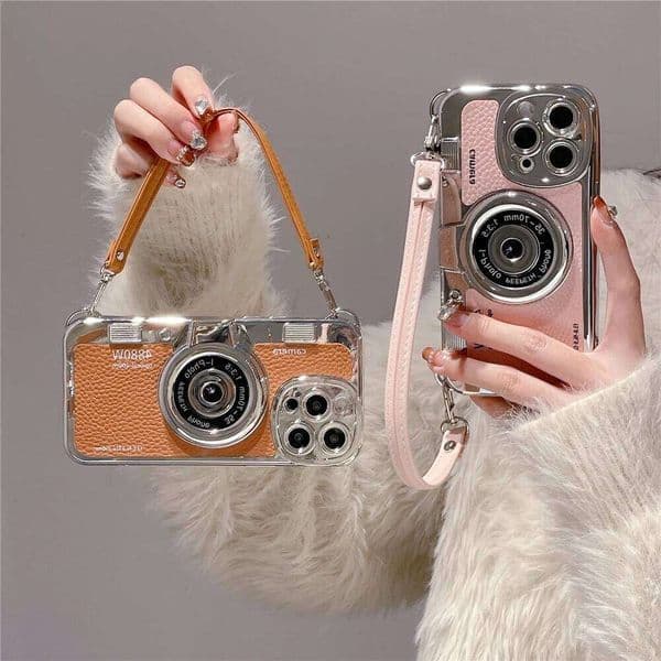 Japan Korean 3D luxury camera + hand strap couple gift case for iphone15 12 14 Pro Max 11 13 16 17 leather pattern protect cover J260530
