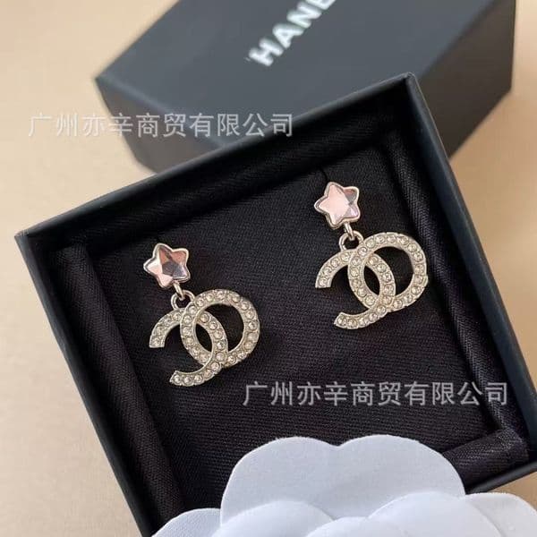 cc earrings pearl channels earring Full-diamond pink pentagram earrings for women sweet and stylish design channeled