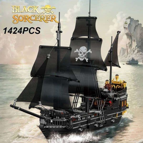 1424PCS Black Pirate Ship Building Blocks Skeleton Ghost Boat Model Assembly Bricks Toys Desktop Decoration Adult Holiday Gifts W260530