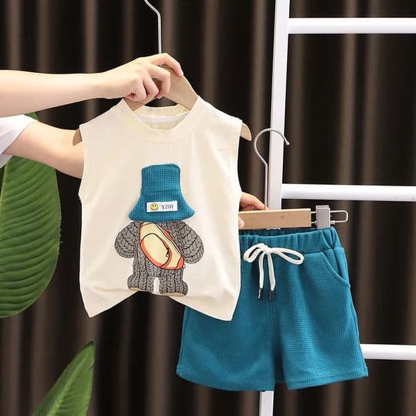 Korean Children Summer Sets Girl Boy Sleeveless Vest Shorts Suit Child Clothing Fashion Outfits Kids Costume 260529