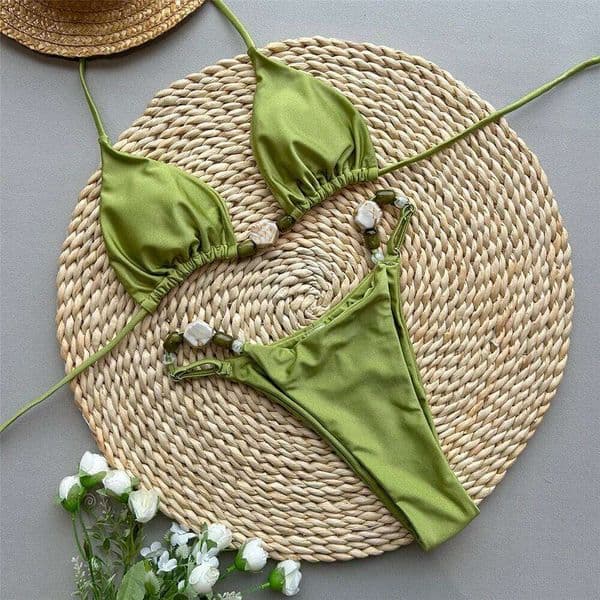 Solid Green Swimwears Sexy Halter Triangle Bead String Bikini Mini Micro Thong Swimsuit Woman 2026 Summer Brazilian Bikinis Sets 26L0530