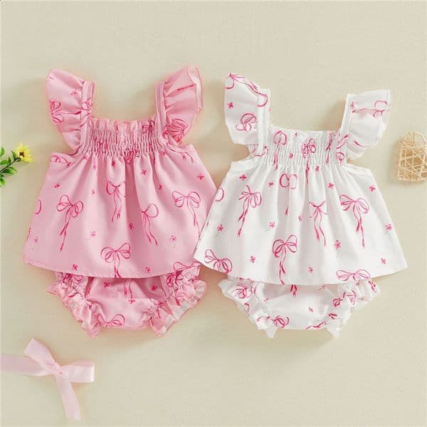 Summer born Baby Girls 2 Piece Outfits Toddler Adorable Bow Print Flying Sleeve Square Neck Tops and Shorts Set 260529
