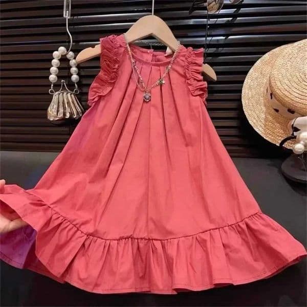 Girls Casual Princess Dress Solid Color round Neck Lace Sleeveless Pleated 2-7 Years Old Summer Basic Daily Wear M260529